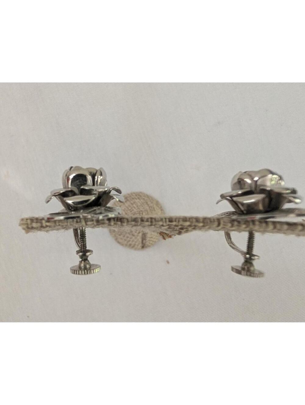Vintage Silver Tone Rose Screw Back Earrings - Picture 2 of 2